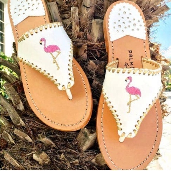 Palm Beach Sandals Shoes - Palm Beach Luxe-Crafted Leather White Flamingo Sandal Thongs Size 9